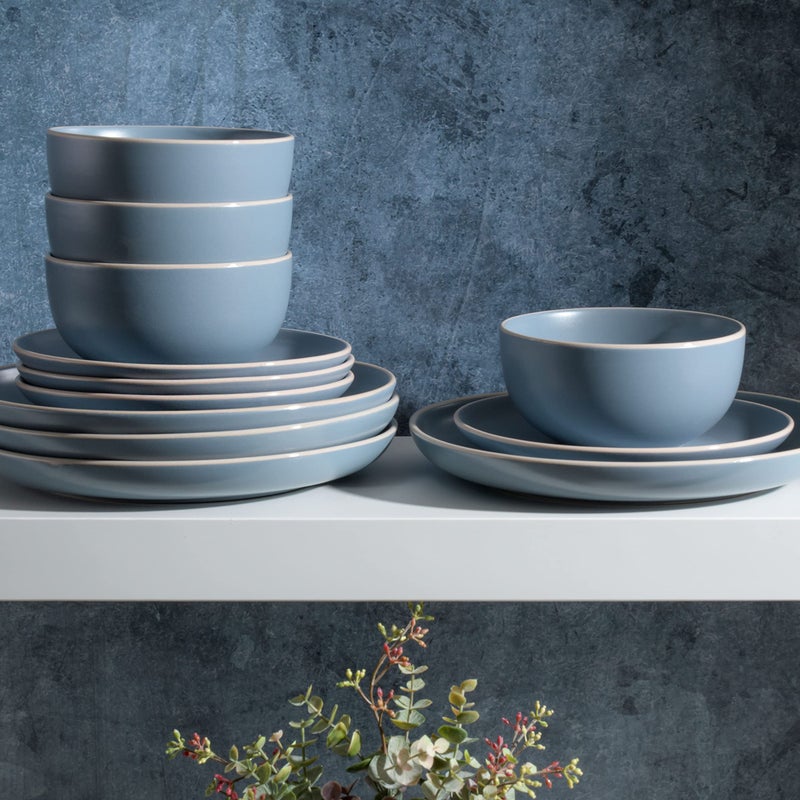 Gibson Home Rockaway 12-Piece Round Stoneware Dinnerware Set, Service for 4 â€“ Blue Plates and Bowls, Microwave & Dishwasher Safe - Image 4